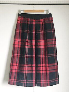VTG Dark Academia Black, Red & Silver Metallic Plaid Wool Blend Maxi Skirt 14